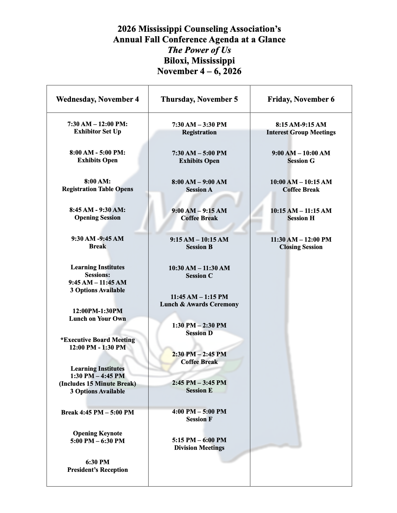 2026 Fall Conference Agenda at a Glance. PDF available below 